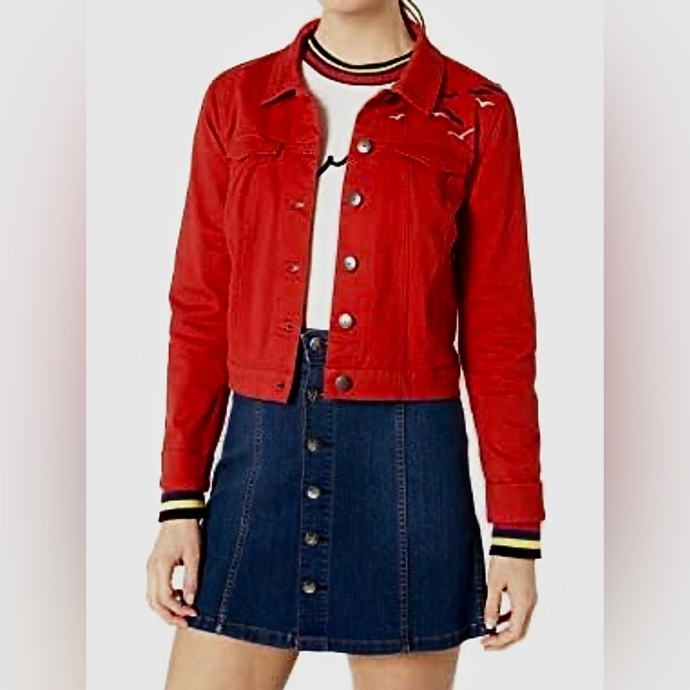 Lightweight Cropped Denim Jacket Soft Cotton Utility Embroidered Birds XXS